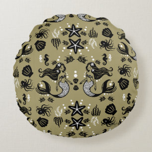 Kids Mermaid Gold Beach Round Pillow