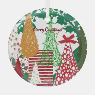 Kids Merry Christmas Trees Red Green Gold Decor Glass Ornament