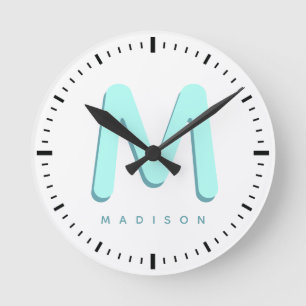 Kids Modern Cute Fun Custom Name 3D Monogram Round Clock