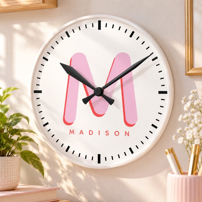 Kids Modern Cute Fun Custom Name 3D Monogram Round Clock (Creator Uploaded)