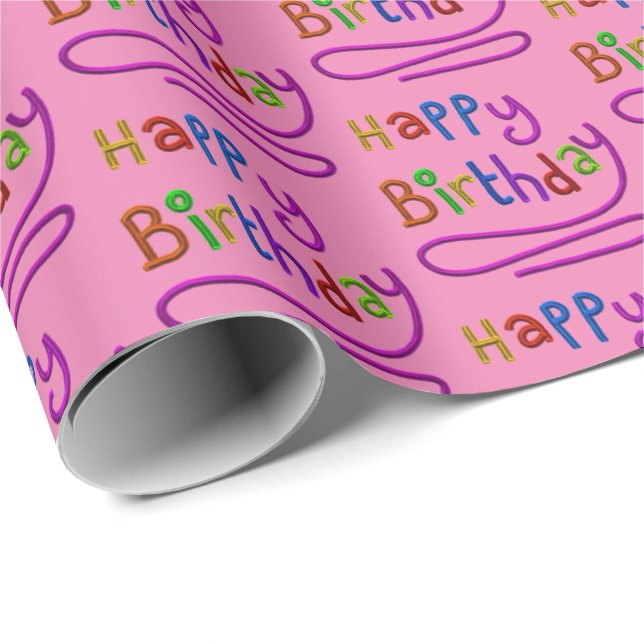 Kids Modern Happy Birthday Script Rainbow Fun Wrapping Paper (Roll Corner)