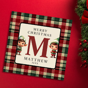 Kids Monogram Christmas Elf Photo Christmas Holiday Card