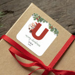 Kids Monogram Christmas Square Sticker<br><div class="desc">Give the gift of personalized charm this Christmas! Our monogram stickers,  featuring Santa hiding behind the letter U,  are a unique and thoughtful way to show your love. Customize with a name,  year and a heartfelt greeting. Make your Christmas gifts stand out!</div>