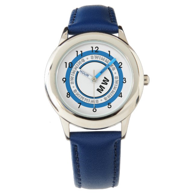 Kid's Monogram Swimming Text Circle Watch (Front)