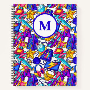 Kids Monogrammed Comic Gaming Items Pattern Notebook