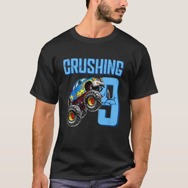 Kids Monster Truck 9th Birthday Crushing 9 years O T-Shirt (Front)