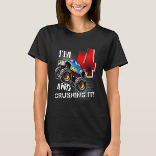 Kids Monster Truck Birthday I'm 4 and Crushing It T-Shirt