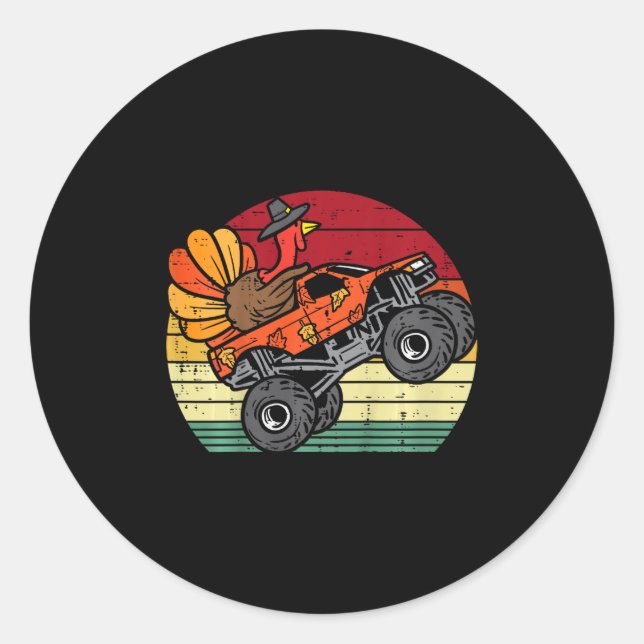 kids monster truck turkey sunset retro thanksgivin classic round sticker (Front)