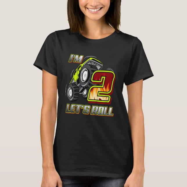 Kids Monster Trucks 2nd Birthday  I'm 2 Let's Roll T-Shirt (Front)
