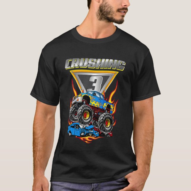 Kids Monster Trucks 3rd Birthday Party  Crushing 3 T-Shirt (Front)