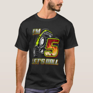 Kids Monster Trucks 5th Birthday  I'm 5 Let's Roll T-Shirt