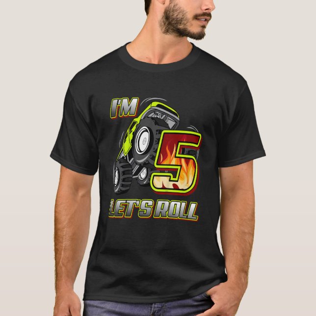 Kids Monster Trucks 5th Birthday  I'm 5 Let's Roll T-Shirt (Front)