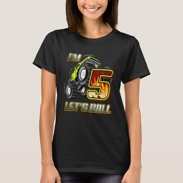 Kids Monster Trucks 5th Birthday  I'm 5 Let's Roll T-Shirt (Front)