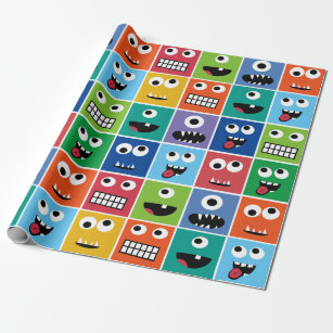 Kids Monsters Pattern Monster Faces Colourful Wrapping Paper