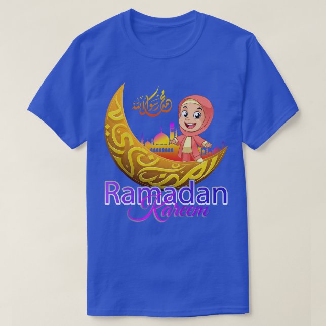 Kids Mulim Hijabi Girl Fasting Ramadan Mubarak Kar T-Shirt (Design Front)