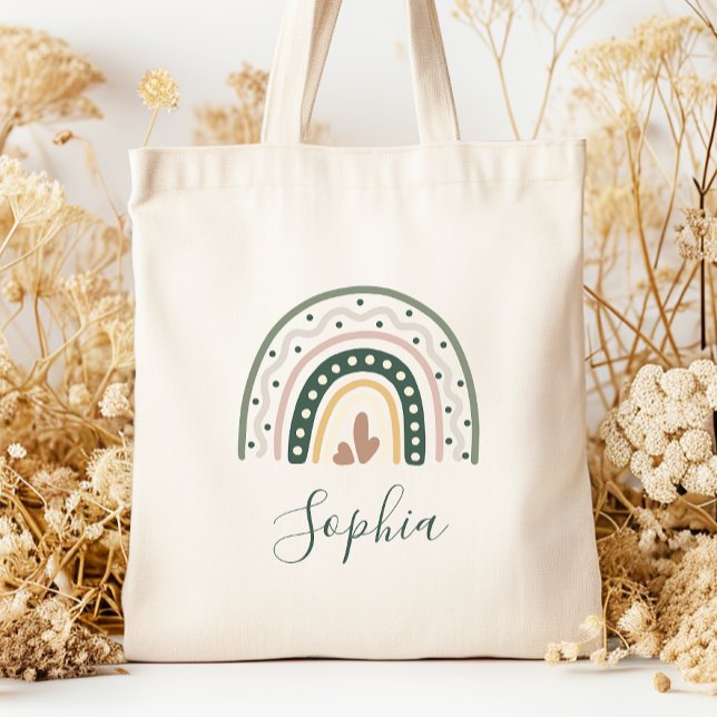 Kids Name Boho Rainbow Dots Earth Tones Tote Bag (Creator Uploaded)