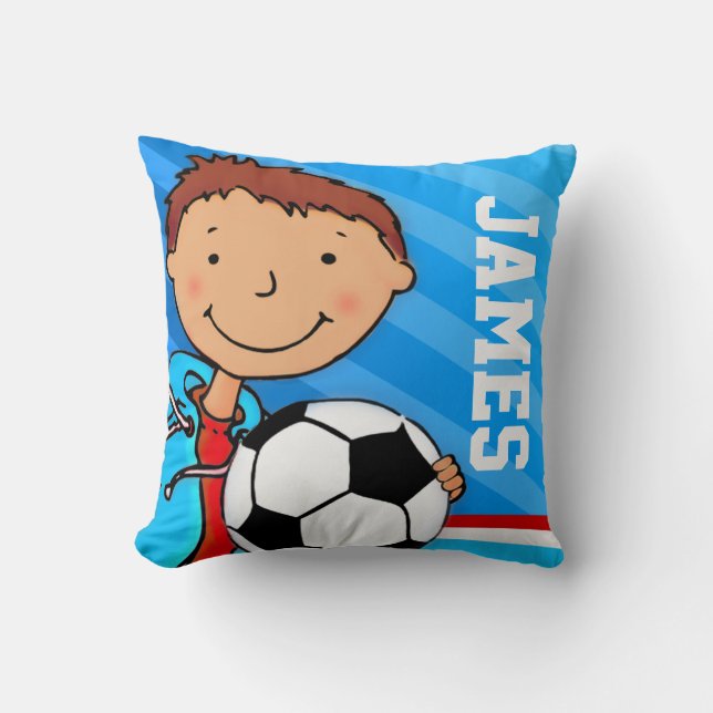 Kids name boys football soccer blue pillow cushion (Front)