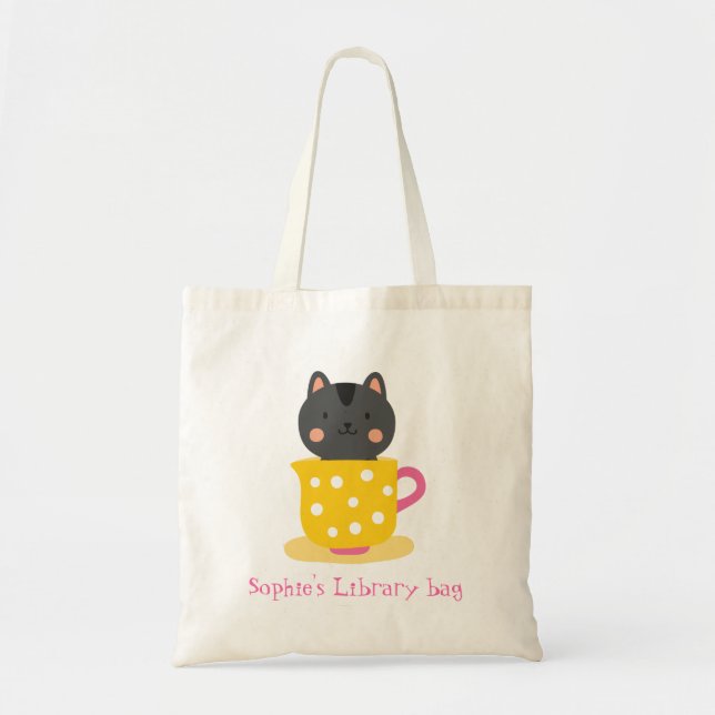 Kid's name cute cat teacup book library bag (Front)