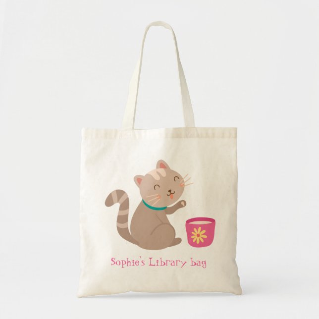 Kid's name cute cat teacup book library bag (Front)