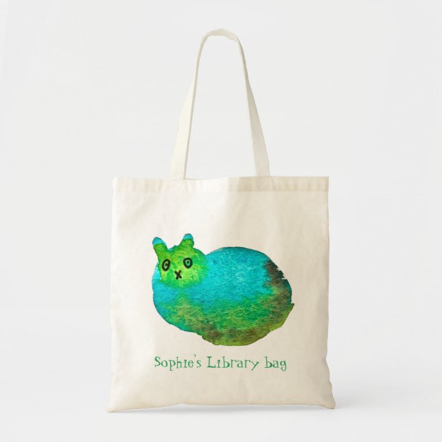 Kid's name cute fat cat book library bag (Front)