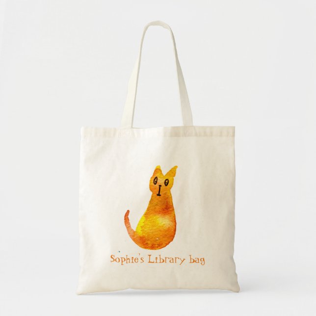 Kid's name cute ginger cat book library bag (Front)