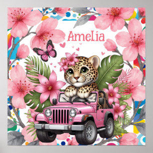 Kids Name & Floral Baby Jungle Animals Nursery Poster