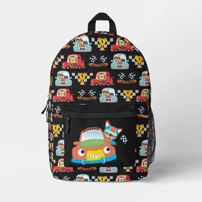 Kids Name Race Car Cute Boy Fox Race Car Driver Printed Backpack (Front)