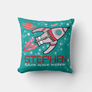 Kids name rocket space explorer red teal pillow