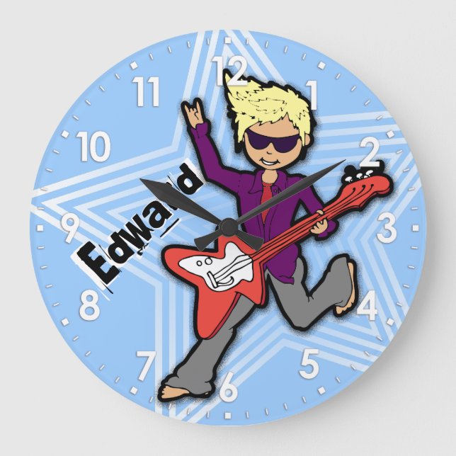 Kids name rockstar guitar boy blue clock (Front)