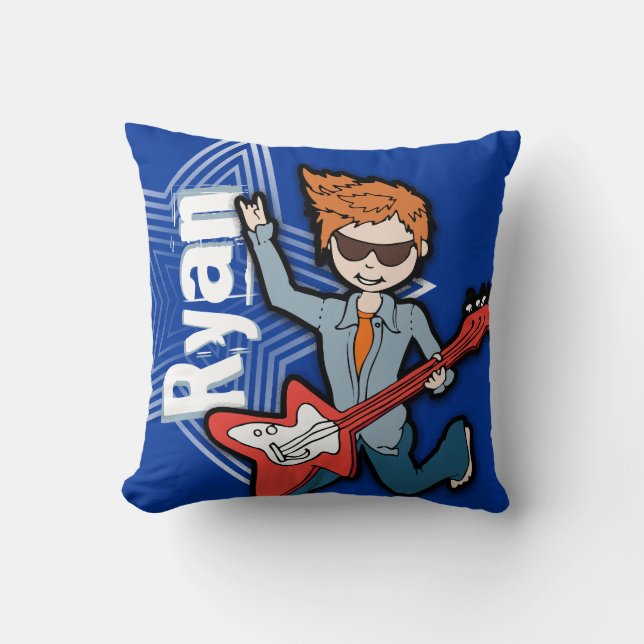 Kids name rockstar guitar boy bright blue pillow (Front)