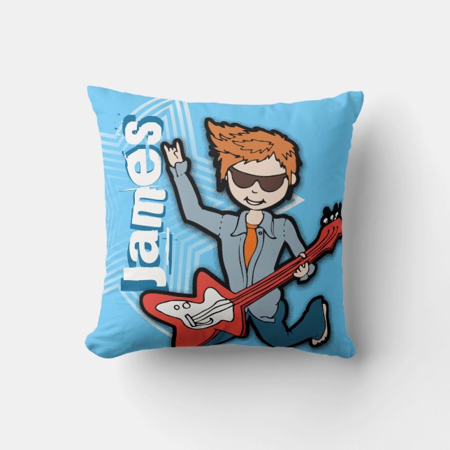 Kids name rockstar guitar boy bright blue pillow (Front)