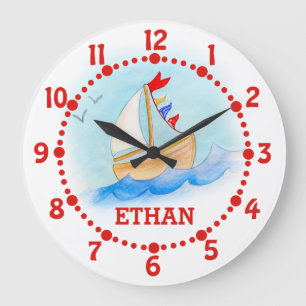 Kids name sailing boat art blue white wall clock