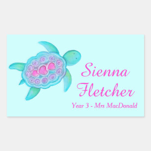 Kids named ID turtle hearts pink aqua stickers