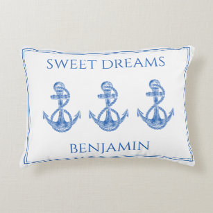 Kids Nautical Blue and White Anchors Personalized Accent Pillow