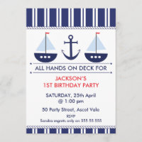 Kids Nautical Sail Boat Anchor Birthday Invitation