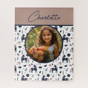 Kids Navy Beige Unicorn Custom Photo with Name Jigsaw Puzzle
