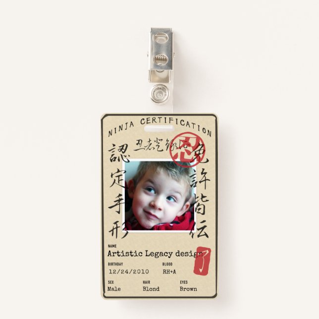 Kids Ninja ID (Customize image & text!) Badge (Front with Clip)