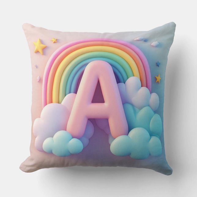 🧸 Kids Nursery Letter A Rainbow Clouds Pastel 3D  Throw Pillow (Front)
