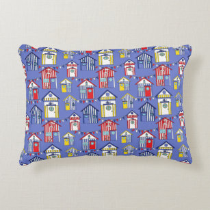Kids Nursery Red White and Blue Beach Huts Print Accent Pillow