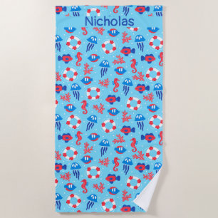 Kids Ocean Elements Pattern Personalized Beach Towel