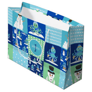 Kids Octopus Winter Sports Patchwork Personalized  Large Gift Bag