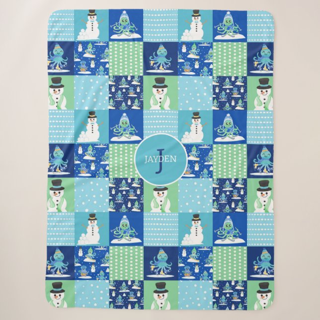Kids Octopus Winter Sports Patchwork Personalized  Sherpa Blanket (Front)
