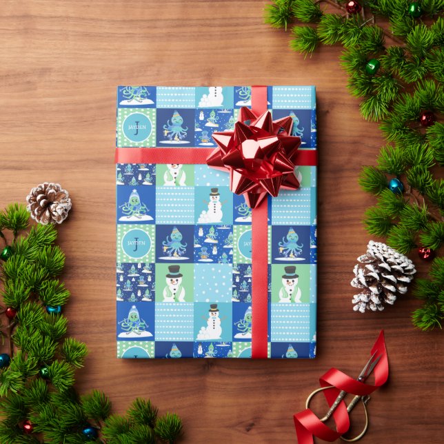 Kids Octopus Winter Sports Patchwork Personalized Wrapping Paper (Holiday Gift)
