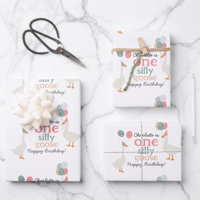 Kids One Silly Goose 1st Cute Birthday Custom Name Wrapping Paper Sheet (Front)