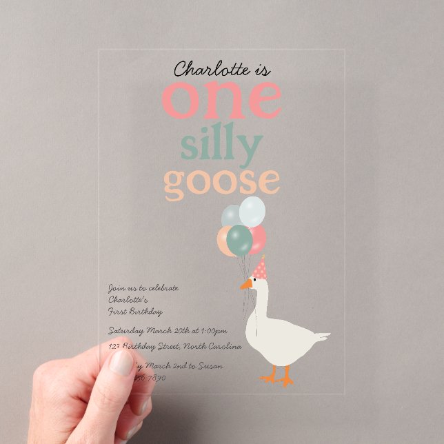 Kids One Silly Goose 1st Cute Birthday Party Acrylic Invitations (Insitu (Handheld))