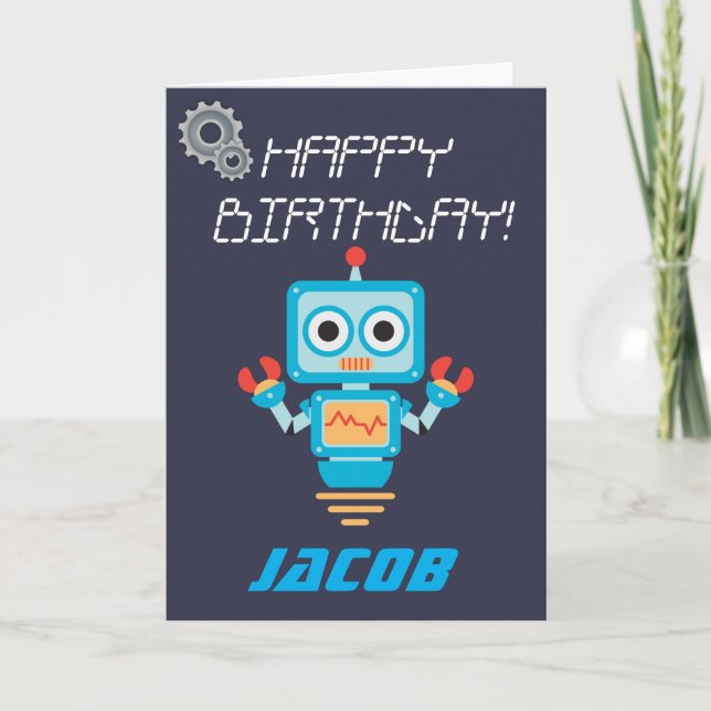 Kids or Boys Personalized Robot Birthday Card (Front)