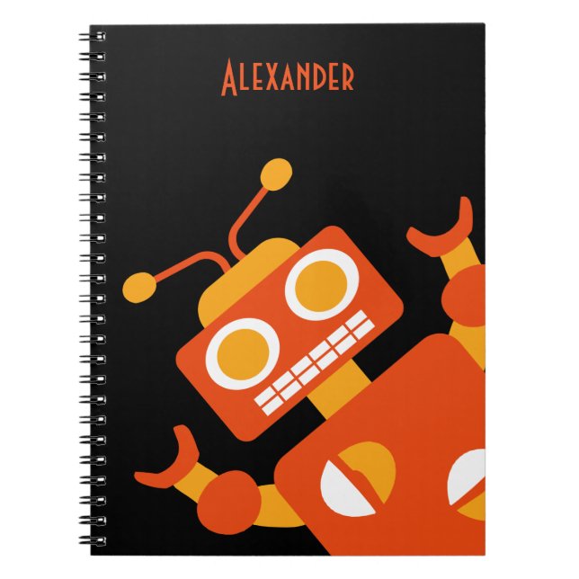 Kids Orange Black Robot Personalized Cool Modern Notebook (Front)