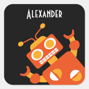 Kids Orange Black Robot Personalized Cool Modern Square Sticker