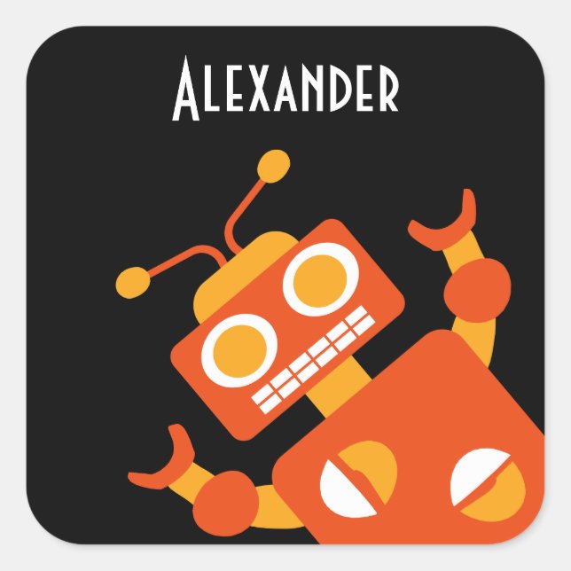 Kids Orange Black Robot Personalized Cool Modern Square Sticker (Front)