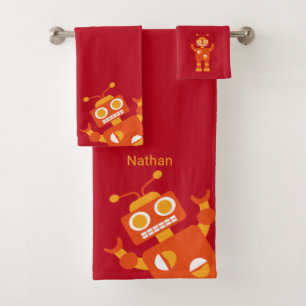 Kids Orange Red Robot Personalized Fun Bath Towel Set